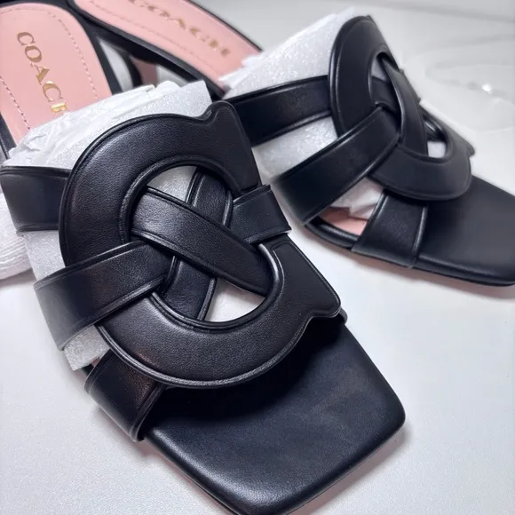 COACH Women's Tillie Sandal Black Leather Slide On Heel Signature Logo Size 7
