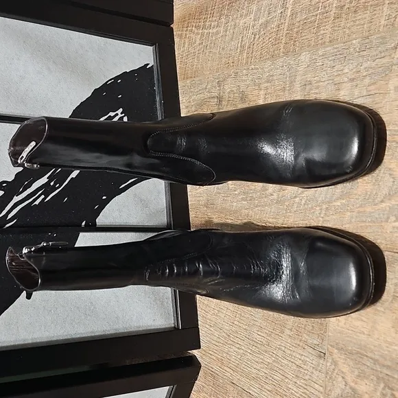 Cole Haan Black Heeled Boots with Chunky Heel and Almond Toe