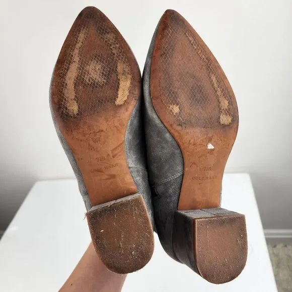 Cole Haan Elyse Grey Suede Point-Toe Booties Zip Block Heel Size 7.5