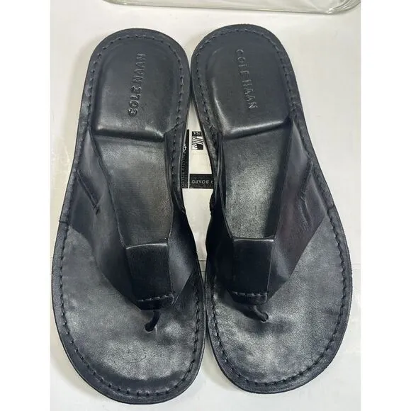Cole Haan Mens Black Leather Ginsberg Thong Sandals Size 10 NWOB Preppy Nautical