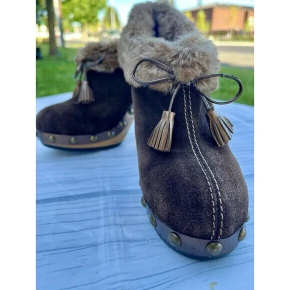 Colin Stuart chunky brown suede faux fur trimmed booties boots size 6