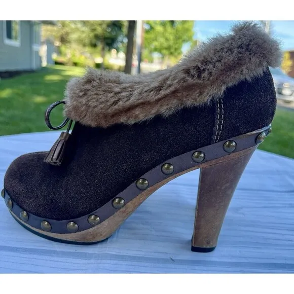 Colin Stuart chunky brown suede faux fur trimmed booties boots size 6
