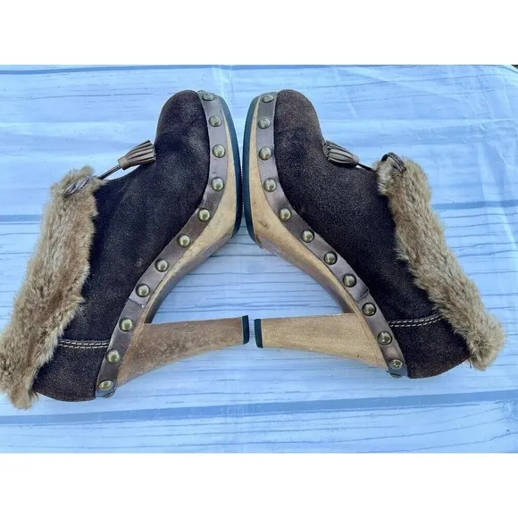 Colin Stuart chunky brown suede faux fur trimmed booties boots size 6