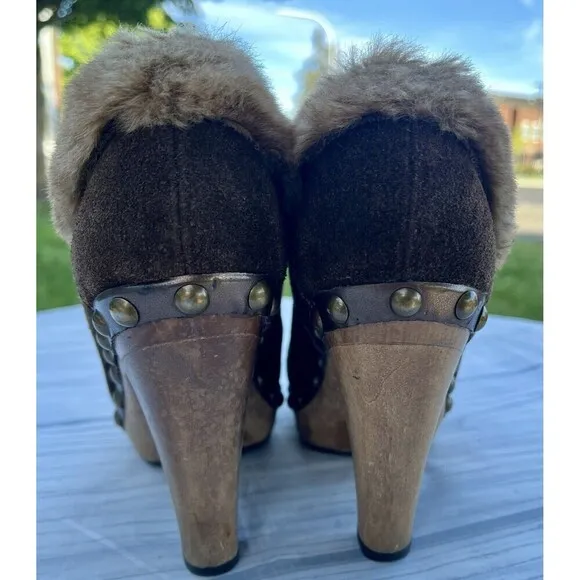 Colin Stuart chunky brown suede faux fur trimmed booties boots size 6