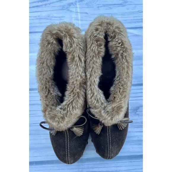 Colin Stuart chunky brown suede faux fur trimmed booties boots size 6
