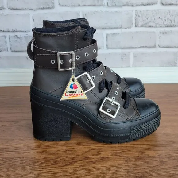 ⭐Converse Chuck 70 De Luxe Heel Leather &amp; Buckles Sz 8.5 Men Boots Brown A12209C