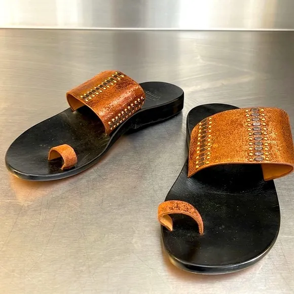 Copper leather studded sandals by Calleen Cordero. New from Sundance.