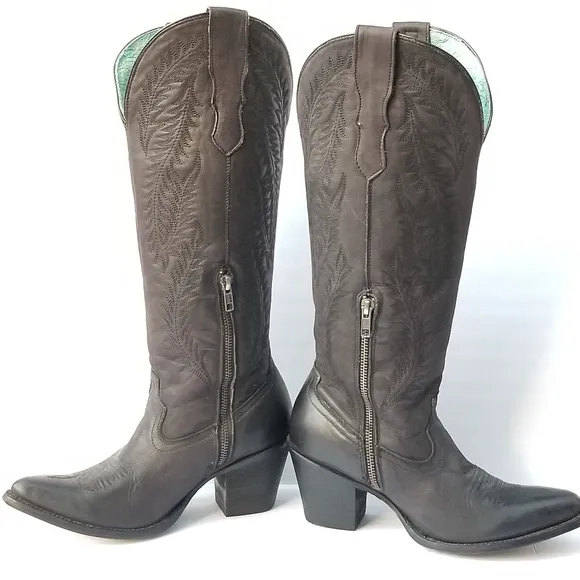 CORRAL WOMEN'S BLACK EMBROIDERY TALL TOP POINTED TOE COWBOY BOOTS