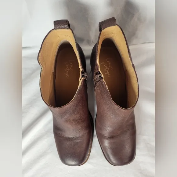 Crown Vintage Espresso Waxed Leather Chunky Heel Ankle Boots Size 8