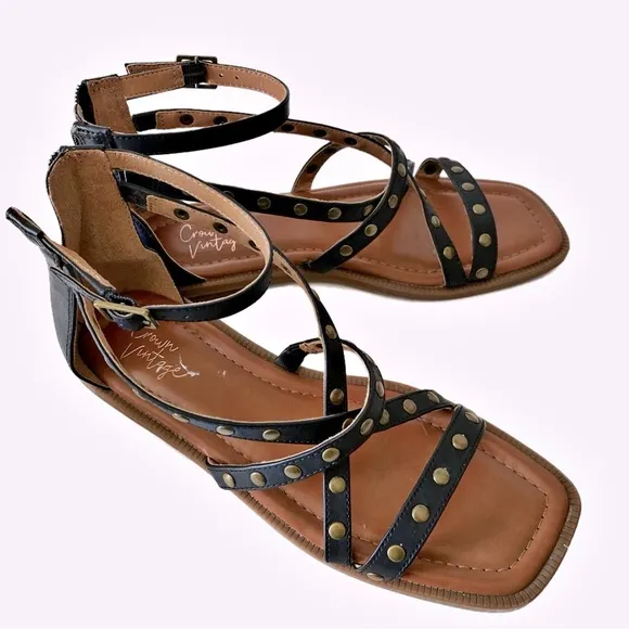 Crown Vintage, Studded Gladiator Square Toe Ankle Strap Buckle Sandals