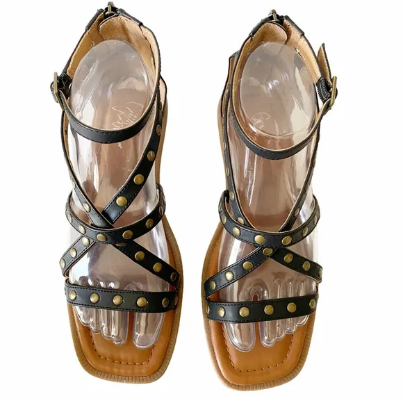 Crown Vintage, Studded Gladiator Square Toe Ankle Strap Buckle Sandals
