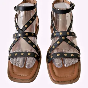 Crown Vintage, Studded Gladiator Square Toe Ankle Strap Buckle Sandals