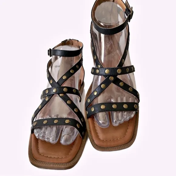 Crown Vintage, Studded Gladiator Square Toe Ankle Strap Buckle Sandals