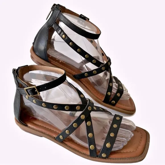 Crown Vintage, Studded Gladiator Square Toe Ankle Strap Buckle Sandals