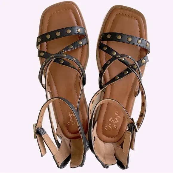 Crown Vintage, Studded Gladiator Square Toe Ankle Strap Buckle Sandals