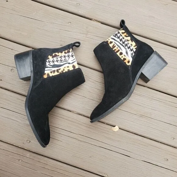 Crown Vintage Tolana Black Suede Leather Animal Print Chelsea Ankle Boots 9