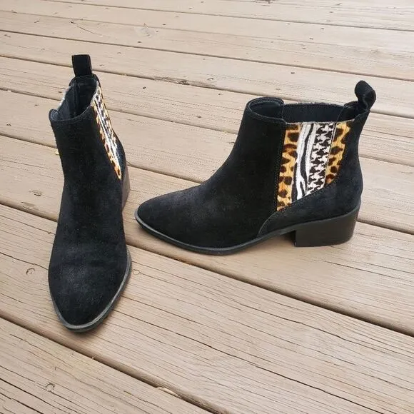 Crown Vintage Tolana Black Suede Leather Animal Print Chelsea Ankle Boots 9