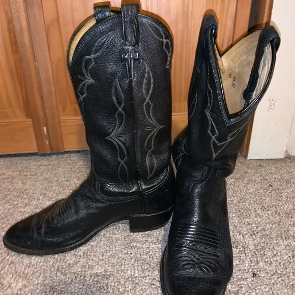 DAN POST-MEN’S BLACK BROWN 2tone ELK LEATHER COWBOY/WESTERN BOOTS-9D Style 6550