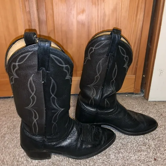 DAN POST-MEN’S BLACK BROWN 2tone ELK LEATHER COWBOY/WESTERN BOOTS-9D Style 6550