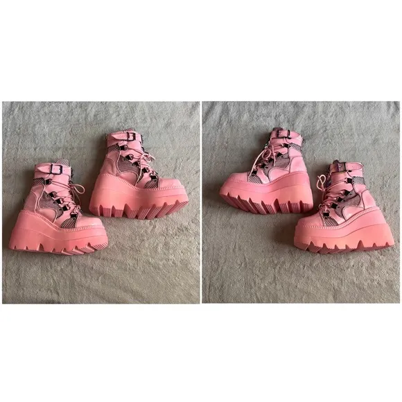 Demonia Shaker-60 Vegan Patent Leather Platform Studded Spike Baby Pink Hologram