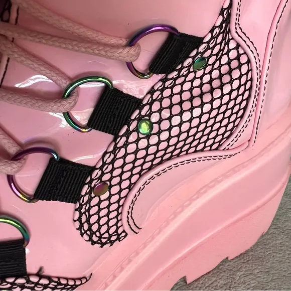Demonia Shaker-60 Vegan Patent Leather Platform Studded Spike Baby Pink Hologram