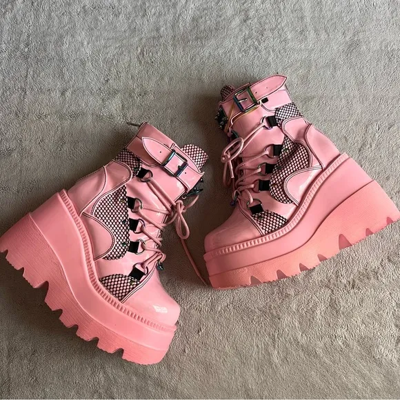 Demonia Shaker-60 Vegan Patent Leather Platform Studded Spike Baby Pink Hologram