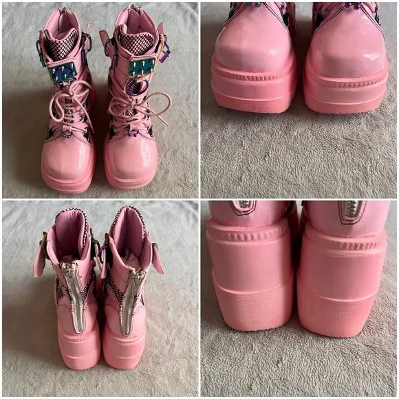 Demonia Shaker-60 Vegan Patent Leather Platform Studded Spike Baby Pink Hologram