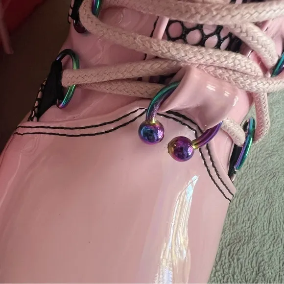 Demonia Shaker-60 Vegan Patent Leather Platform Studded Spike Baby Pink Hologram