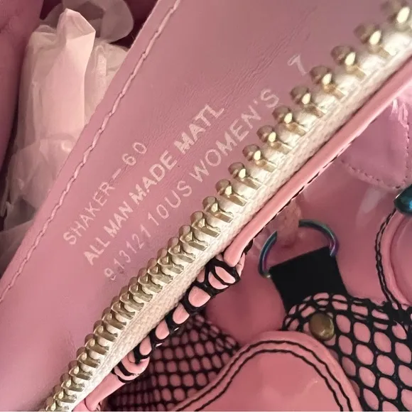 Demonia Shaker-60 Vegan Patent Leather Platform Studded Spike Baby Pink Hologram