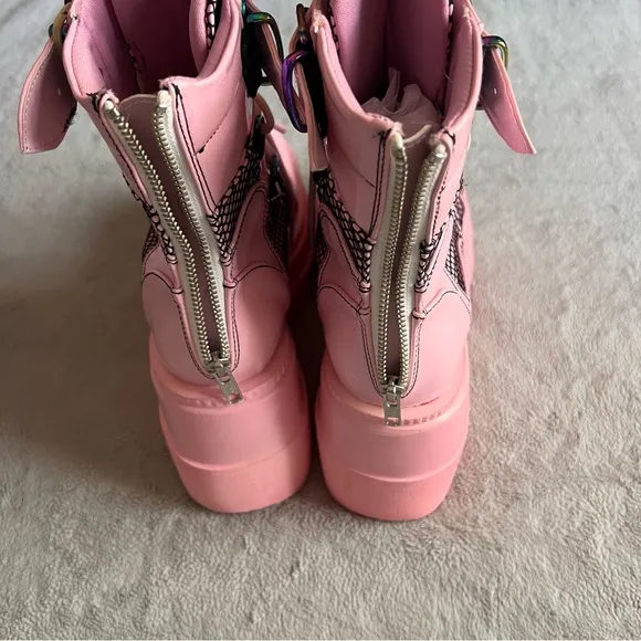 Demonia Shaker-60 Vegan Patent Leather Platform Studded Spike Baby Pink Hologram