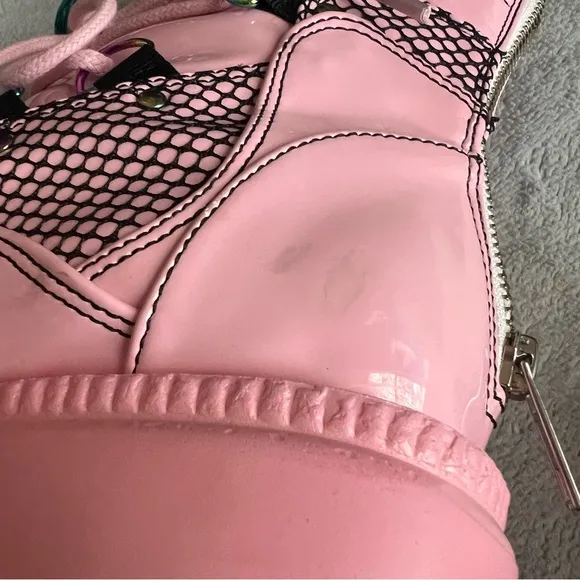 Demonia Shaker-60 Vegan Patent Leather Platform Studded Spike Baby Pink Hologram
