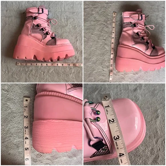 Demonia Shaker-60 Vegan Patent Leather Platform Studded Spike Baby Pink Hologram