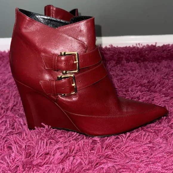 Derek Lam Marta Buckle Leather Wedge Bootie in Carnelian Holiday Red 8.5 Boots
