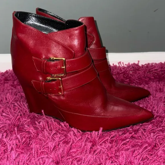 Derek Lam Marta Buckle Leather Wedge Bootie in Carnelian Holiday Red 8.5 Boots