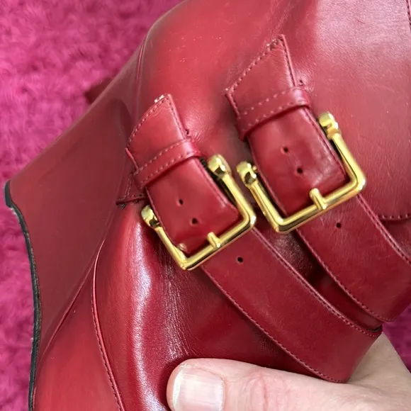 Derek Lam Marta Buckle Leather Wedge Bootie in Carnelian Holiday Red 8.5 Boots