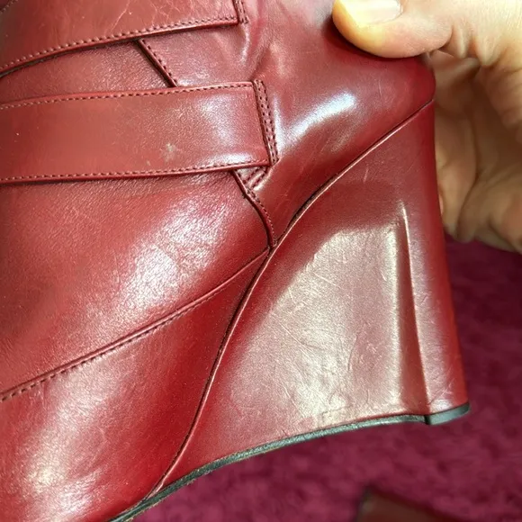 Derek Lam Marta Buckle Leather Wedge Bootie in Carnelian Holiday Red 8.5 Boots