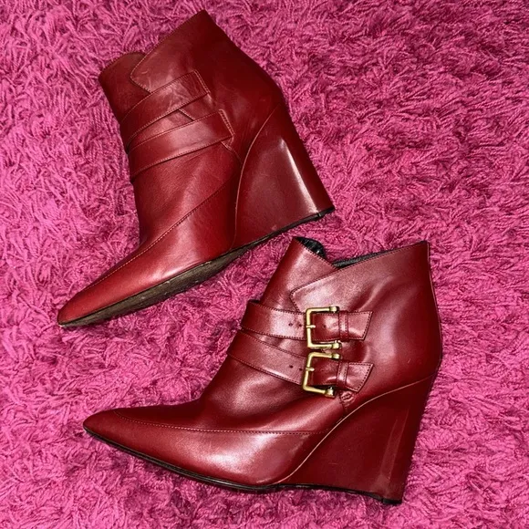 Derek Lam Marta Buckle Leather Wedge Bootie in Carnelian Holiday Red 8.5 Boots