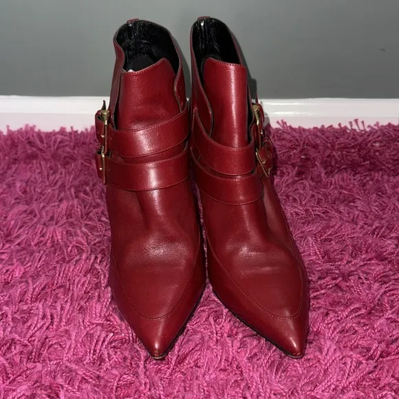 Derek Lam Marta Buckle Leather Wedge Bootie in Carnelian Holiday Red 8.5 Boots