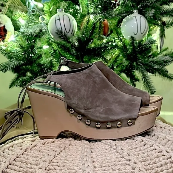 Diane Von Furstenberg Bali Ankle Tie Peep Toe Wedge Studded Shoes Womens 9.5