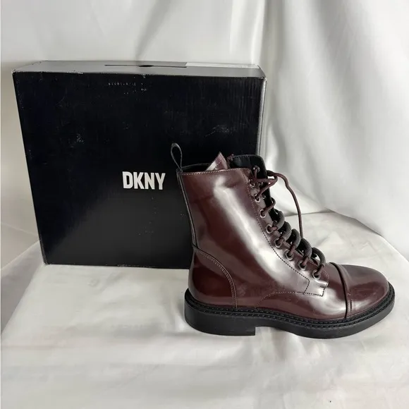 DKNY Brown and Black Leather Boots with Lace-Up Design