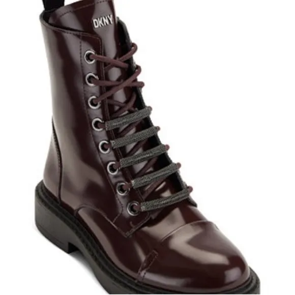 DKNY Brown and Black Leather Boots with Lace-Up Design