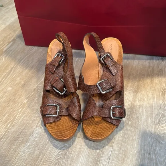 Dolce &amp; Gabanna Zoccolo Jungle Brown Leather Buckles Wooden Clog Sandals size 40