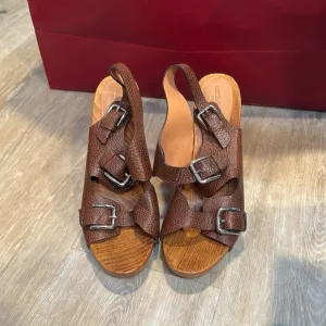Dolce &amp; Gabanna Zoccolo Jungle Brown Leather Buckles Wooden Clog Sandals size 40