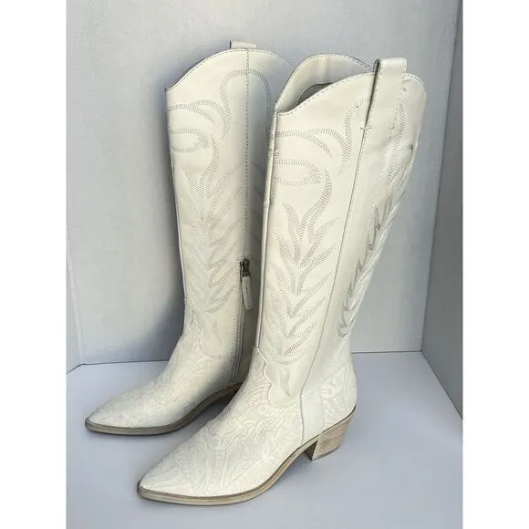 Dolce Vita Solei Western Boots Womens‎ 7.5 Ivory Nubuck Knee High Pointed Toe