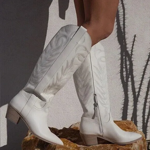 Dolce Vita Solei Western Boots Womens‎ 7.5 Ivory Nubuck Knee High Pointed Toe