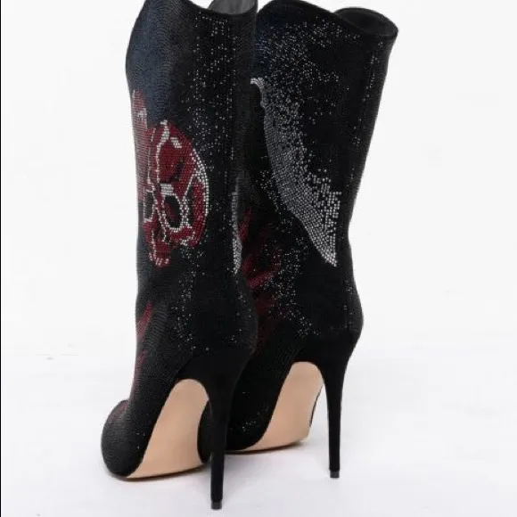 Doll Kills Sexy Red and Black Rhinestone Knee High Heel Cowboy Boots