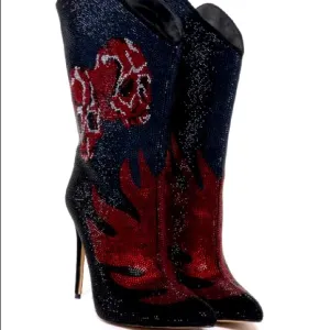 Doll Kills Sexy Red and Black Rhinestone Knee High Heel Cowboy Boots