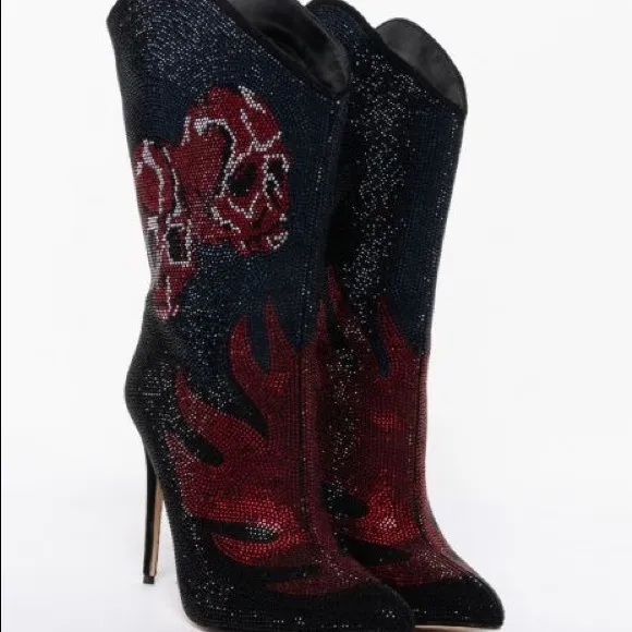 Doll Kills Sexy Red and Black Rhinestone Knee High Heel Cowboy Boots
