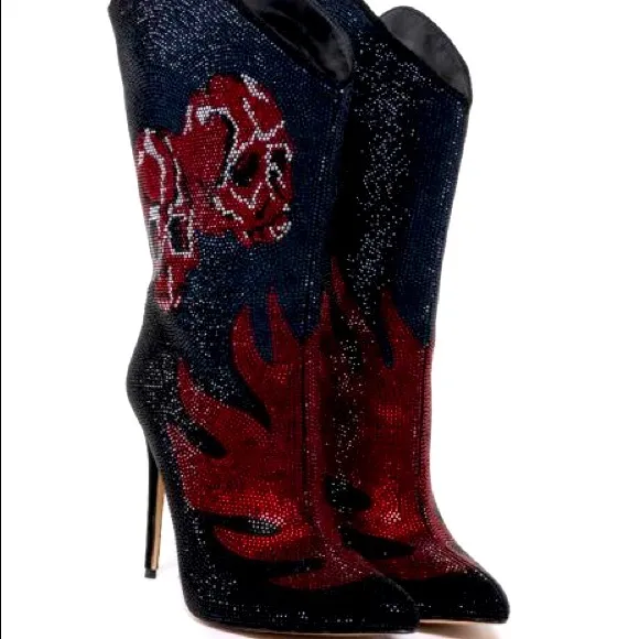 Doll Kills Sexy Red and Black Rhinestone Knee High Heel Cowboy Boots
