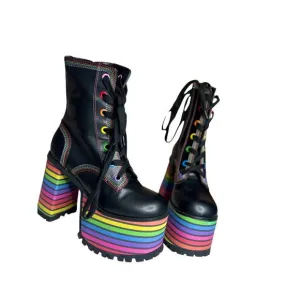 Dolls Kill Club Exx Pride Platform Boots Women's 7 Black Rainbow Lace Up 5&quot; Heel